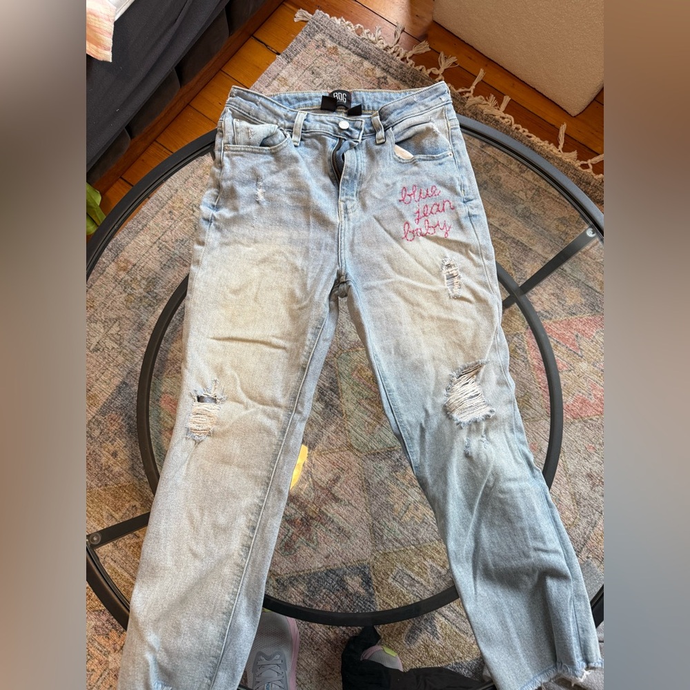BDG Light Blue Straight Leg Jeans with Pink Embroidery